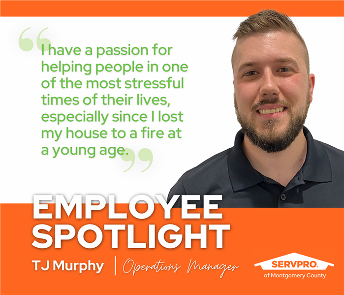 graphic of TJ murphy, new hire spotlight, his head and upper body head shot, wiht servpro logo and orange and white backgroun